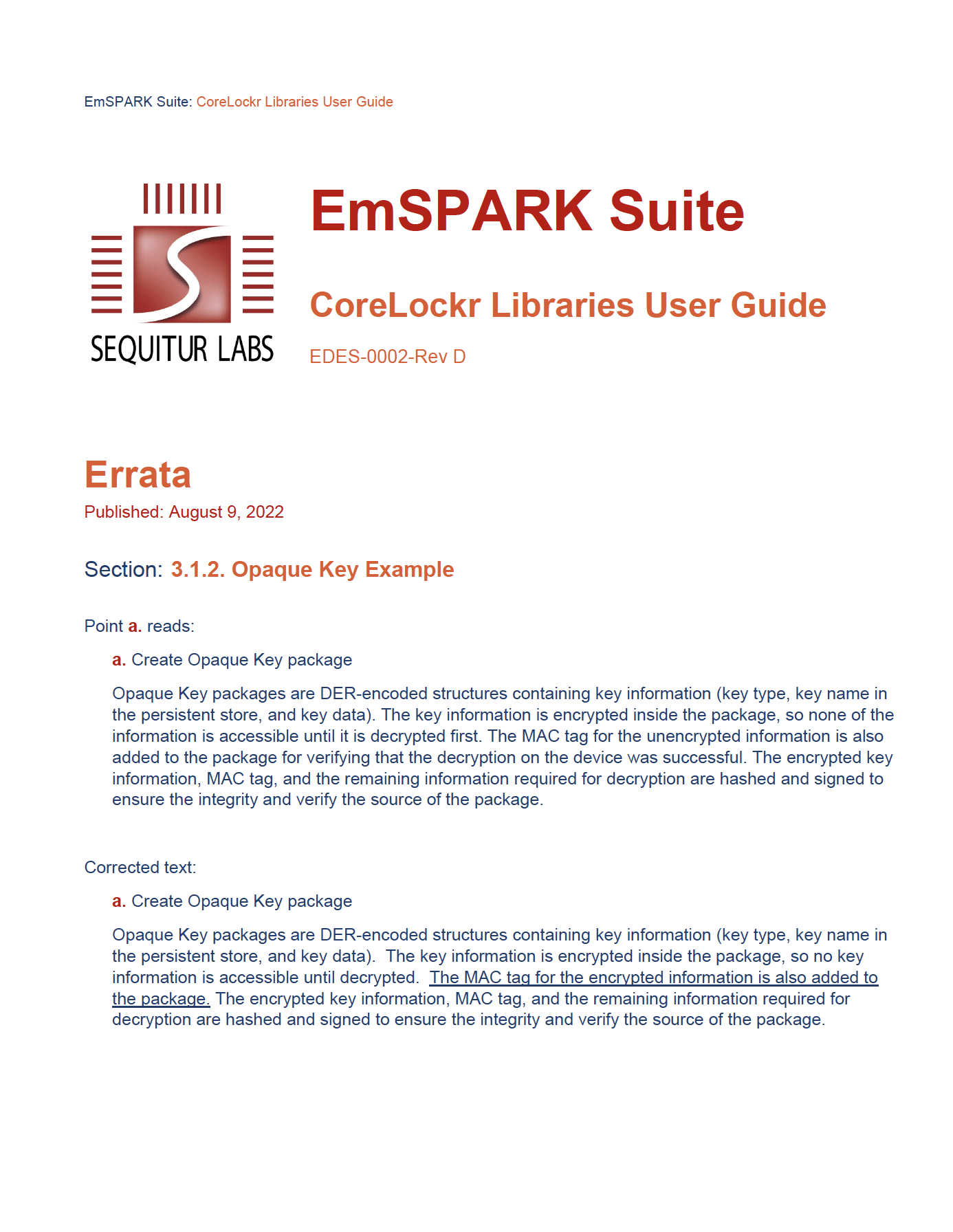 EmSPARK™ Security Suite CoreLOCKR™ Libraries User Guide Errata